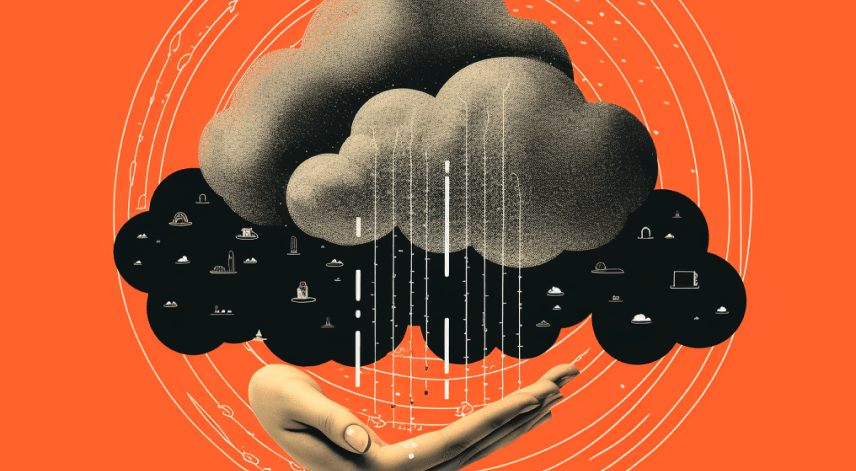 nuage représentant le cloud avec des données tombantes, une main les attrapent