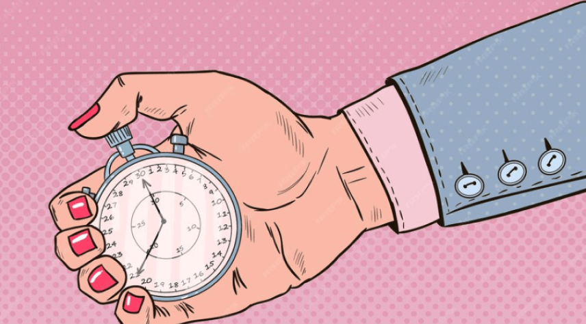 main portant un chronomètre sur fond rose