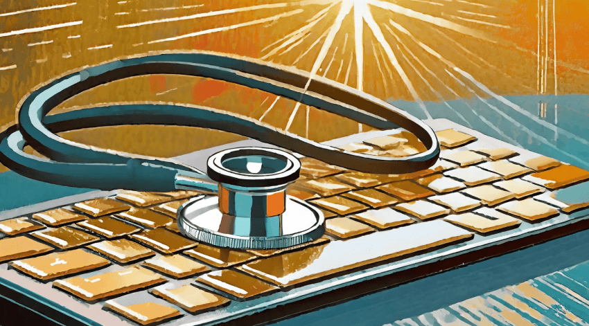 stéthoscope posé sur un clavier d'ordinateur