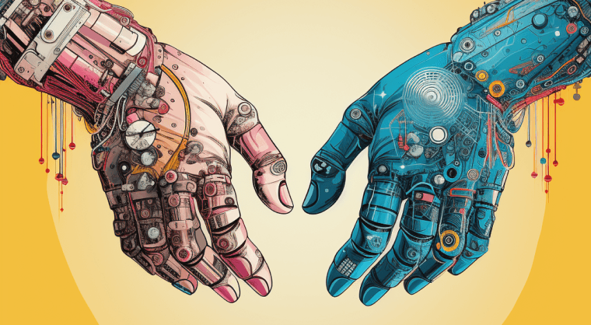 deux mains automatisées représentant l'intelligence artificielle